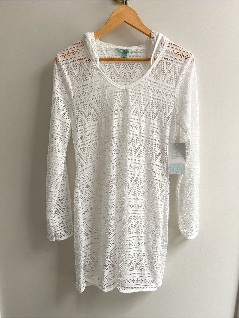 Balance Collection Lace Crochet Hooded Long Sleeve Swim Coverup White M